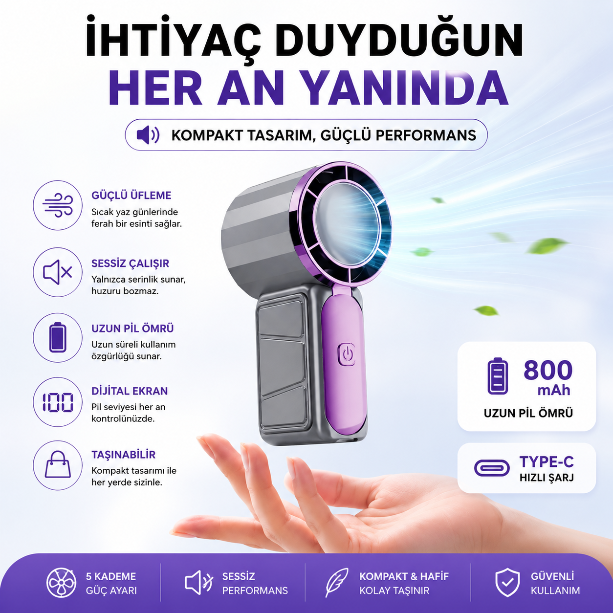 SENXAR™ Taşınabilir 5 Kademeli Mini Turbo El Fanı